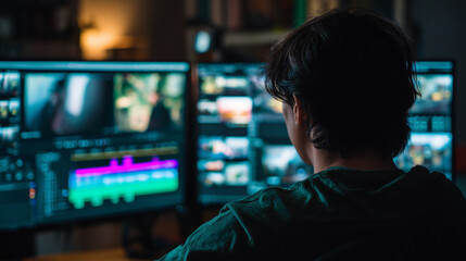 Highly Focused Video Editor Working on Dual Cyan Monitors at Night, Generative AI
