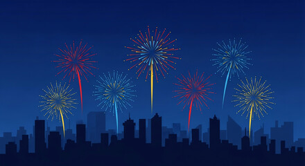 Colorful Fireworks Over City Skyline at Night