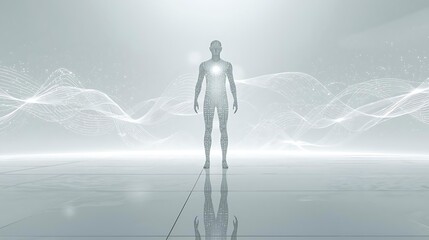 A luminous, translucent human figure stands centered in a bright, ethereal environment with abstract wave patterns.