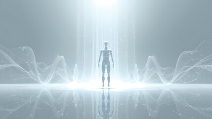 A translucent humanoid figure stands bathed in bright light, surrounded by abstract wave patterns.