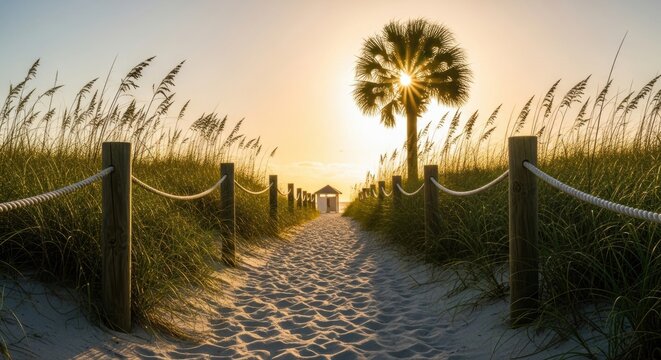 A sandy path leads to a beach hut with a palm tree silhouetted against the setting sun at the end