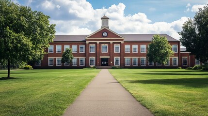Obraz premium Modern american school building exterior with sunny blue sky
