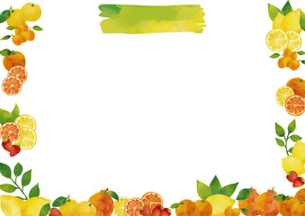 水彩風 冬の柑橘類（イチゴ・ユズ・ミカン・レモン・デコポン・キンカン）フレーム  Winter Fruits Series:Watercolor winter citrus fruits (strawberry, yuzu, mandarin orange, lemon, dekopon, kumquat) frame