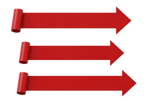 Three horizontal red arrows pointing to the right isolated on transparent background