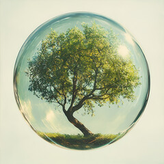 Tree in a Glass Bubble, "Tree in Glass Bubble", "Tree Inside Glass Sphere", "Glass Bubble with Tree", "Tree in the World of Glass", "Nature Encased in Glass", "Glass Sphere Tree", "Living Tree in a Bu