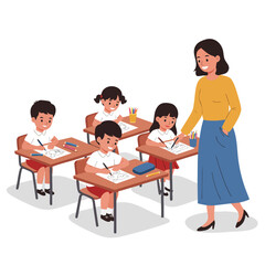 illustration of a classroom scene with children drawing and coloring on their desks.