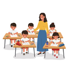 illustration of a classroom scene with children drawing and coloring on their desks.