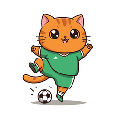A funny cartoon kitten is playing soccer, happily smiling while chasing the ball