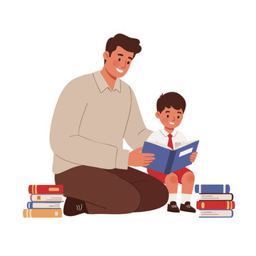 a male teacher sitting beside a young student, helping the student read a book.