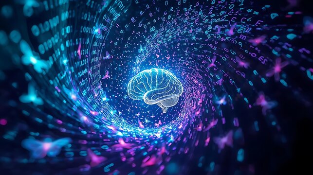 Abstract visualization of a human brain within a swirling vortex of digital data and binary code, representing artificial intelligence and neural networks.