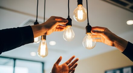 Illuminating Brilliance Human hands meticulously adjusting and installing modern light bulbs in a stylish interior, symbolizing new ideas, creativity, and bright solutions