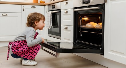 Curious little girl peeking into a modern kitchen oven, watching freshly baked bread rise, symbolizing home cooking and childhood exploration