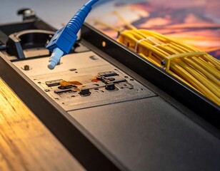 Close-up of optical cable connection and bundled fiber optic wires