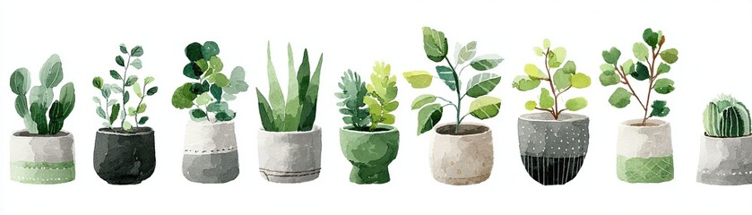 Fototapeta premium A row of various potted plants in different styles, featuring a mix of greens and textures, showcasing nature's beauty indoors.