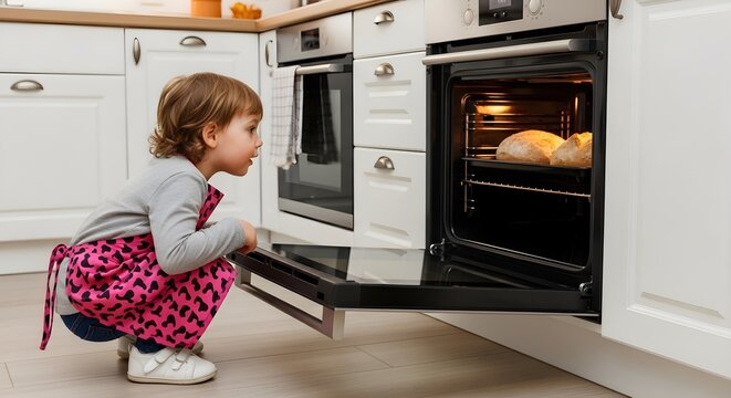 Curious little girl peeking into a modern kitchen oven, watching freshly baked bread rise, symbolizing home cooking and childhood exploration