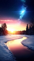 Winter River at Sunset with Milky Way Galaxy