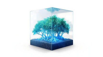 A vibrant green tree with exposed roots is encased within a transparent cube, symbolizing nature's containment or preservation.