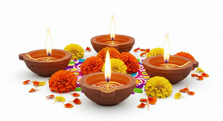 Lit Diwali Diyas with Marigold Flowers and Rangoli