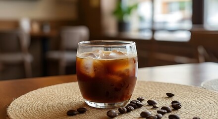 Iced Coffee in Café Interior – Realistic Cold Brew Glass on Wooden Table