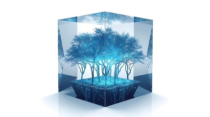 A surreal, glowing blue forest ecosystem encased within a transparent cube on a white background.