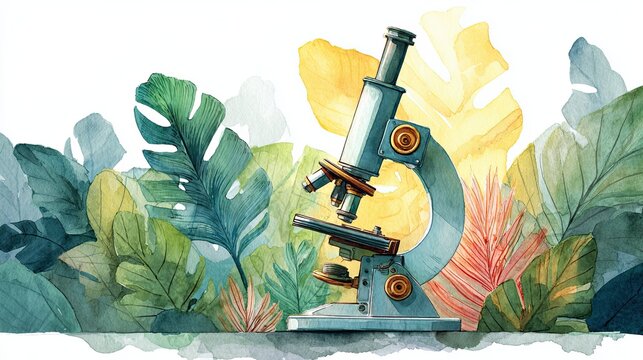 A watercolor illustration of a microscope surrounded by vibrant tropical leaves, symbolizing exploration and scientific discovery in nature.