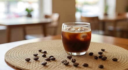 Iced Coffee in Café Interior – Realistic Cold Brew Glass on Wooden Table