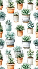 Fototapeta premium A vibrant, patterned design featuring various succulent plants in decorative pots, showcasing a mix of greens and earthy tones.