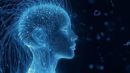 A luminous blue digital representation of a human head, with glowing particles and tendrils emanating outwards.