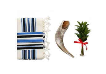 Traditional jewish tallit and shofar with greenery isolated on transparent background