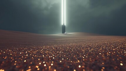 A solitary dark monolith stands in a vast field of glowing lights under a stormy sky with a bright beam of light emanating from its top.