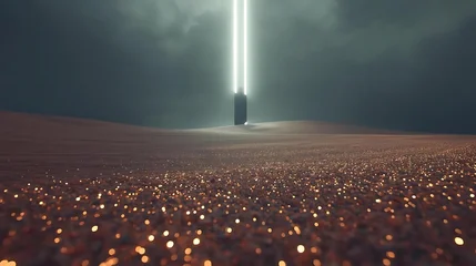 Acrylglasbilder Pantone 2025 Mocha Mousse A solitary dark monolith stands in a vast field of glowing lights under a stormy sky with a bright beam of light emanating from its top.  © Dunia Digital