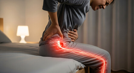 Severe Sciatica Pain on Bed, Showing Radiating Nerve Pathway with Red Glow Effect