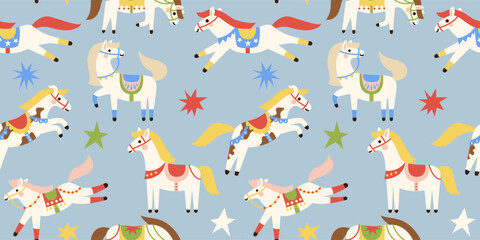 Seamless pattern with Cute white horses with colourful saddle. Hand drawn flat vector illustration. 2026 Lunar New year design. Cool farm background, kids poster, card, social media banner.