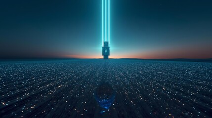 A futuristic city skyline at dusk with a towering structure emitting a bright blue beam of light into the sky.