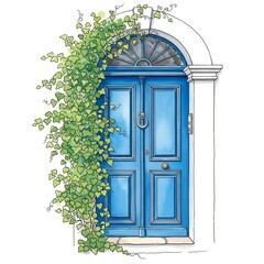 Charming Blue Door with Ivy - A Watercolor Illustration of Mediterranean Architecture.
