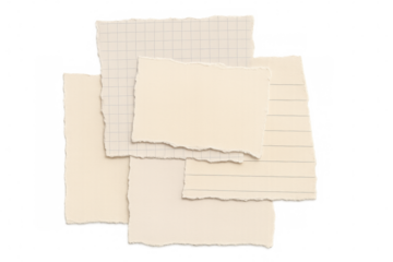 Torn beige paper scraps and blank note sheets for a memory or message collage on transparent background