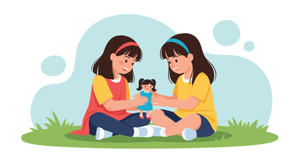 Two young girls sitting on the grass and playing with a doll.