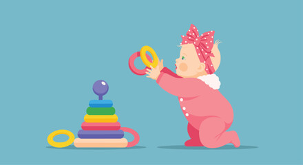 Obraz premium A baby girl plays with stacking rings and a colorful toy tower.