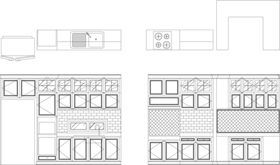 2D Interior Design Drawing of Kitchen Pantry Front View with Built-in Wall Cabinets and Counter in Modern Luxury Style