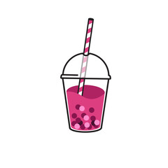 A glass with a pink drink and balls tapioca. Bubble tea. Isolated on a white background. Stock vector graphics.