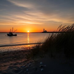 Golden Hour Serenity - Fishing Boat Silhouetted Against a Coastal Sunset.
