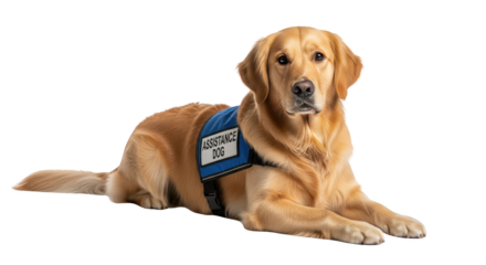 Golden Retriever Assistance Dog Lying Down creative illustration featuring companion, blue, pet, breed, support, medical alert design concept