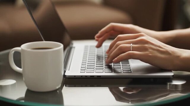 Close-up of hands typing on a laptop, a coffee mug sits next to the computer on a desk