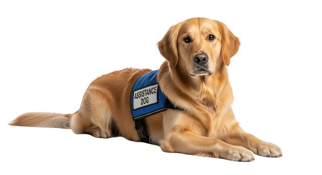 Golden Retriever Assistance Dog Lying Down creative illustration featuring companion, blue, pet, breed, support, medical alert design concept