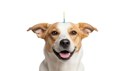 Happy Dog with Birthday Candle on Head creative illustration featuring animal, playful, white, colorful, cute,
