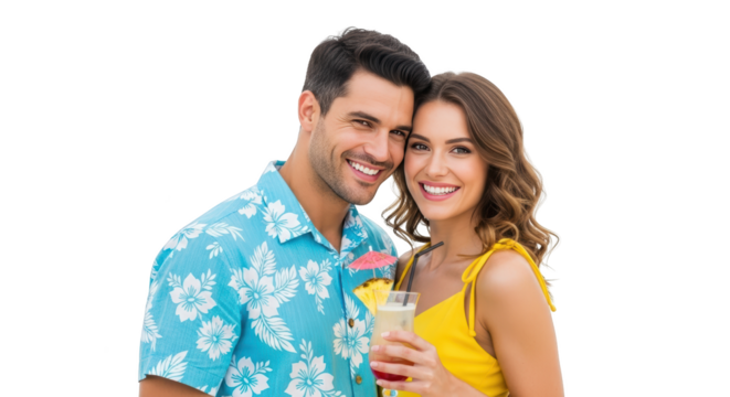 Happy Couple Enjoying Tropical Vacation Drinks creative illustration featuring tourism, relationship, pineapple, joy, fun,