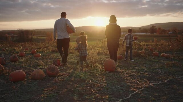 Family enjoying an afternoon at the pumpkin patch during sunset
