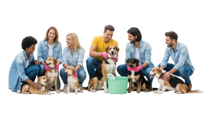 Happy Volunteers with Adorable Dogs creative illustration featuring cute, diverse, emotion, friendship, community, adorable design