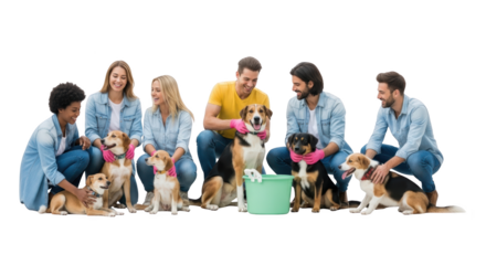 Happy Volunteers with Adorable Dogs creative illustration featuring cute, diverse, emotion, friendship, community, adorable design