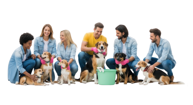 Happy Volunteers with Adorable Dogs creative illustration featuring cute, diverse, emotion, friendship, community, adorable design - Powered by Adobe